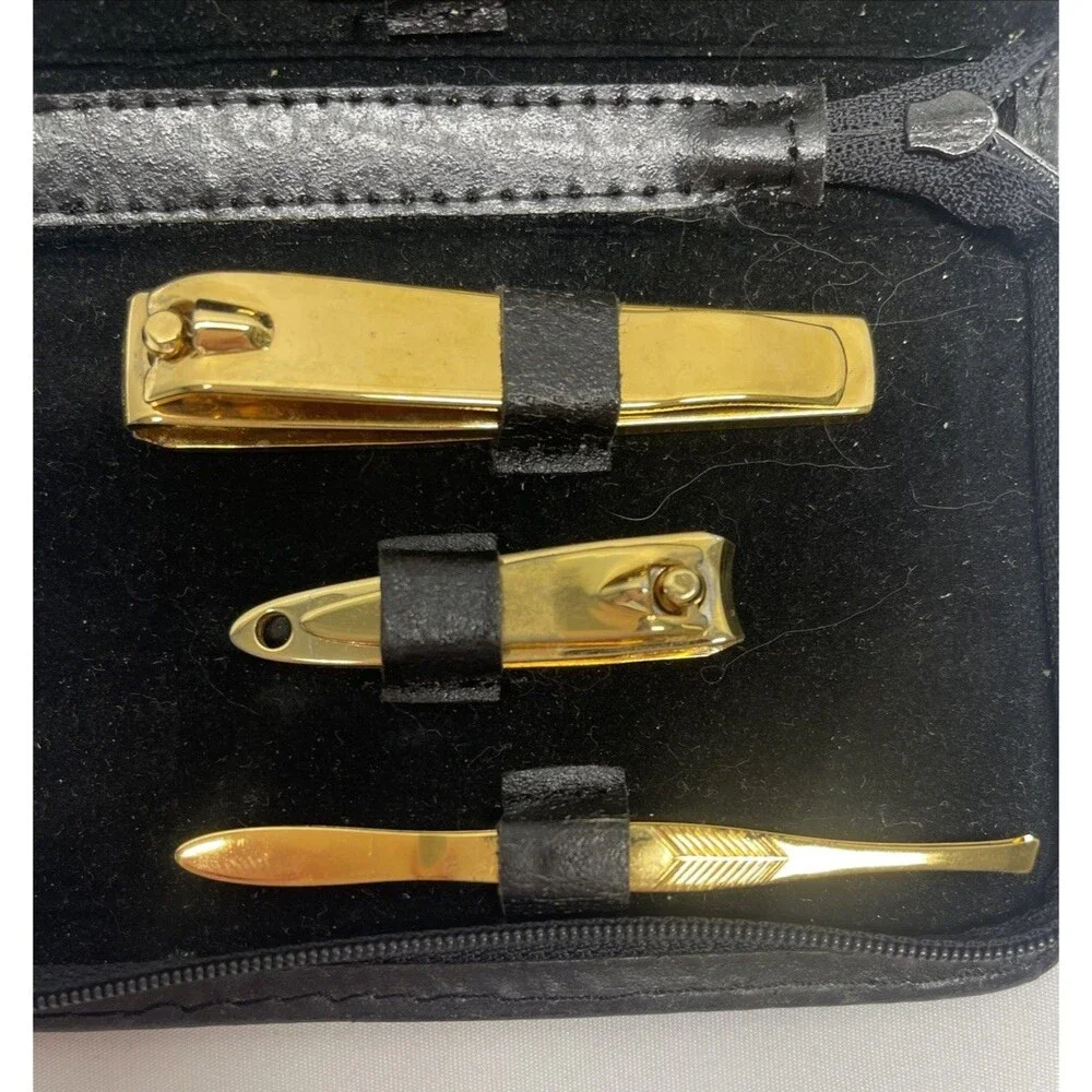 Vintage Bassett USA Trim Nail Grooming Kit Gold Tone Clippers Tweezers Blade 7pc
